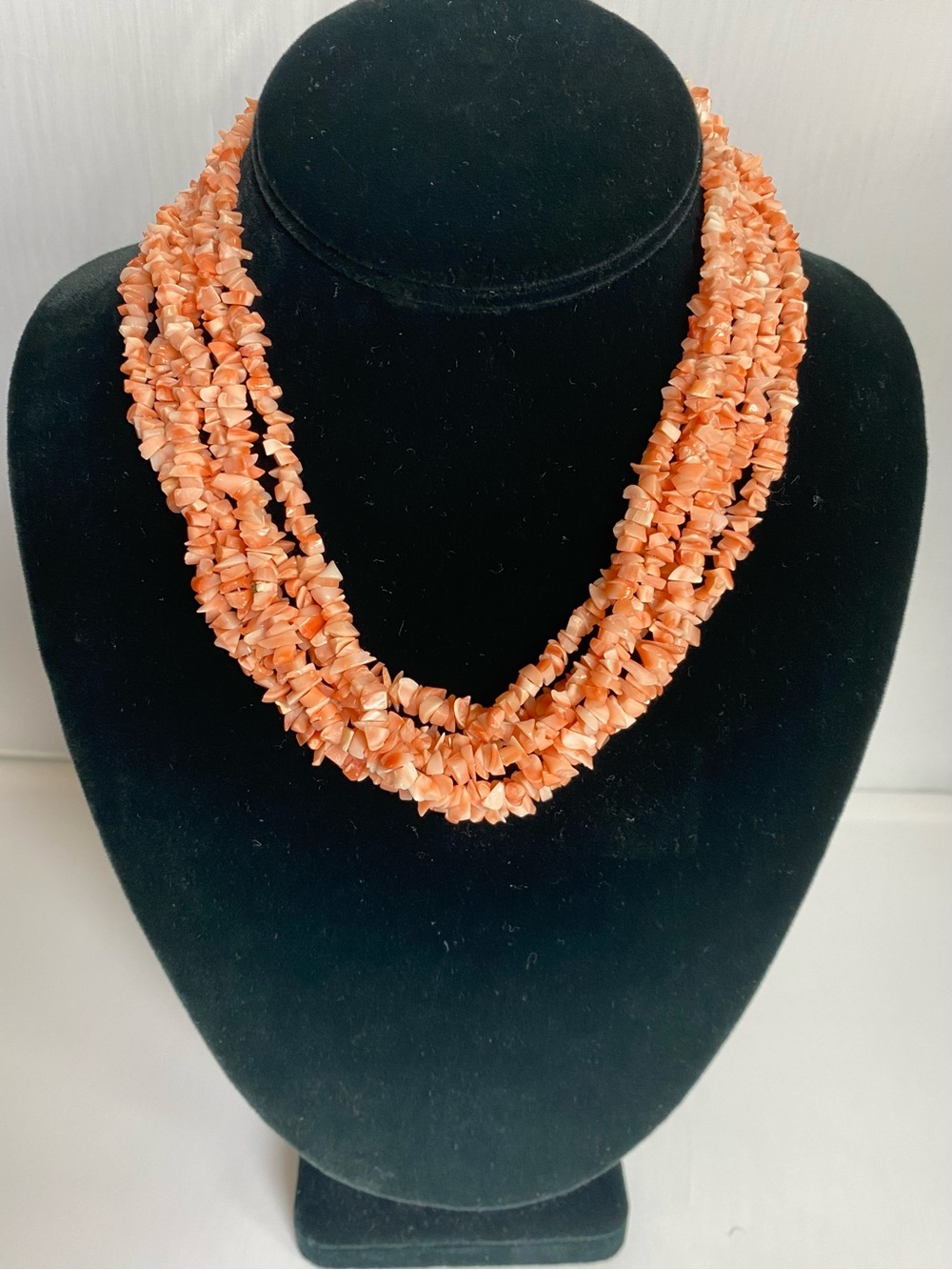 16” Six Strand Coral Chip Necklace with gold filled filigree clasp - Picture 10 of 12